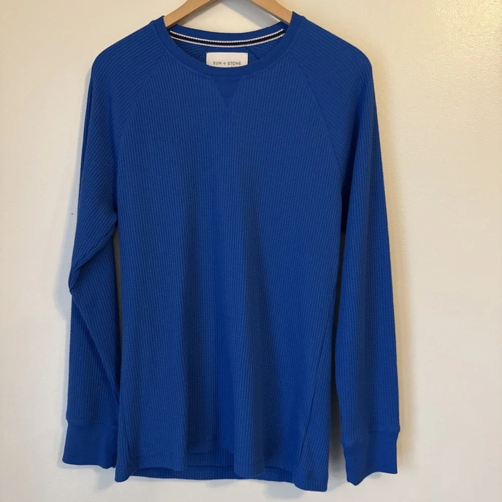 Sun + Stone Men's Thermal Waffle Knit Shirt Size L Base Layer Blue Preppy Lounge